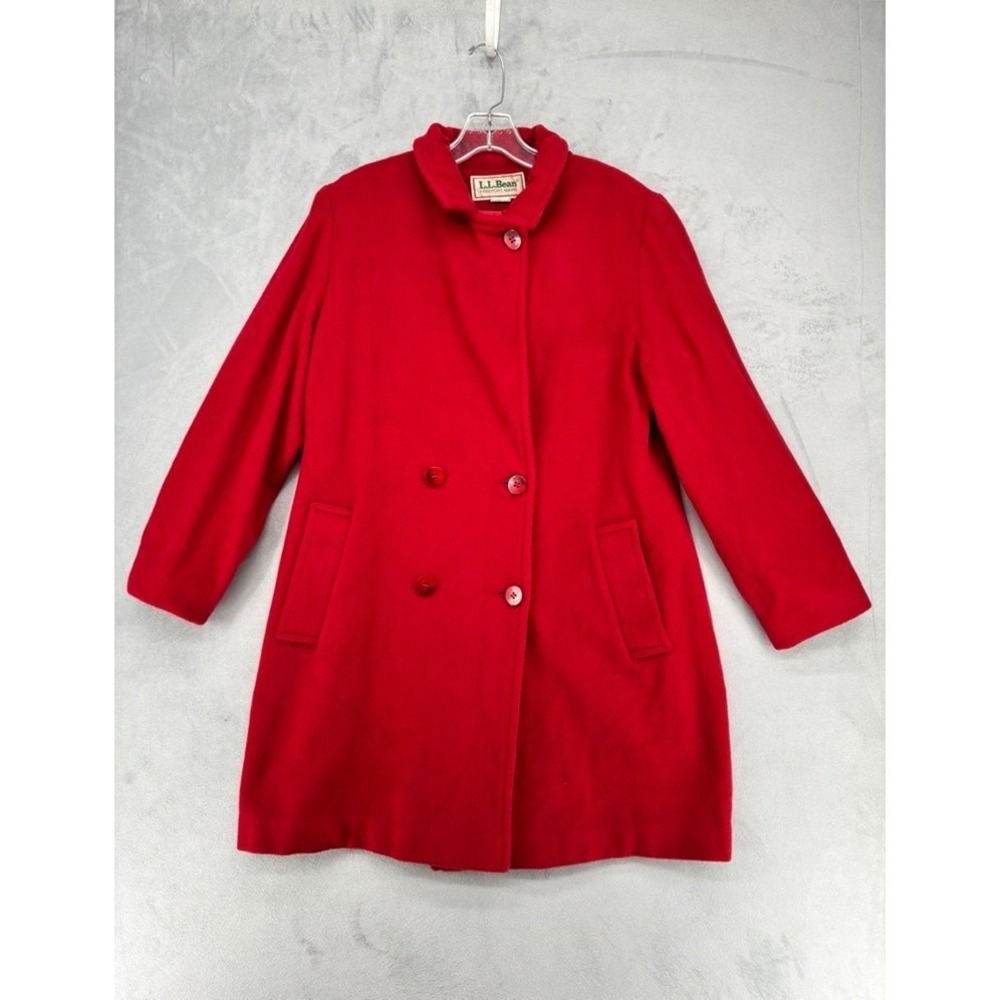 LL Bean Vintage Red Wool Blend Double Breasted Pea Coat Womens 12 Made in USA